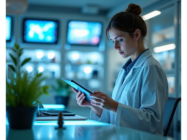 Scientist analyzing data with wellness symbols