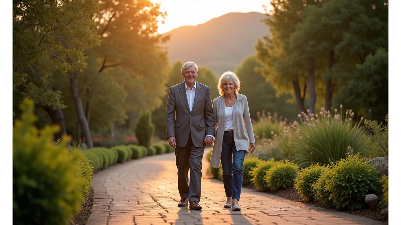 An older couple walking through a lush Asheville garden, symbolizing health and community.