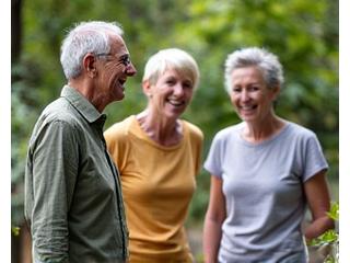 Diverse group of adults laughing during a wellness activity
