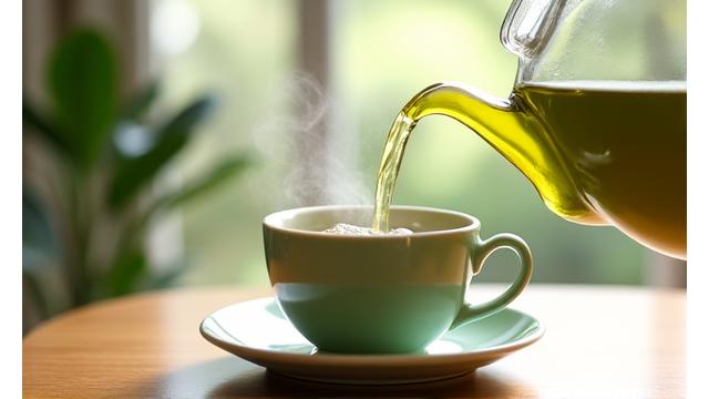 Fresh green tea being poured into a cup, symbolizing antioxidants and health.