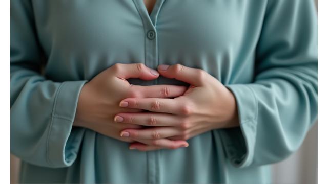 A serene moment of deep breathing, with hands gently resting on the chest, demonstrating calm.