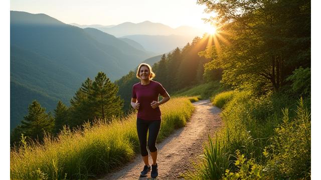 A person jogging on a scenic trail in the mountains of Asheville, enjoying nature and exercise.
