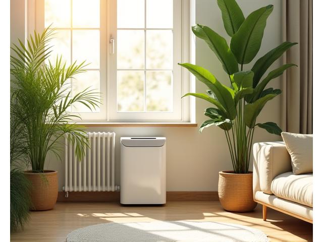 Air purifier with green plants in a clean, modern living room, symbolizing fresh indoor air