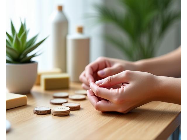 Person calculating finances with eco-friendly products in the background, symbolizing affordable wellness