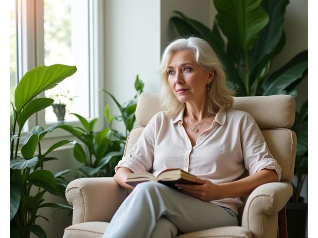 Woman enjoying fresh air in a bright, green living room full of healthy plants, embodying eco-friendly wellness
