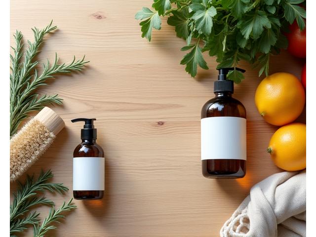 Eco-friendly cleaning supplies and fresh produce on a kitchen counter, demonstrating simple healthy swaps