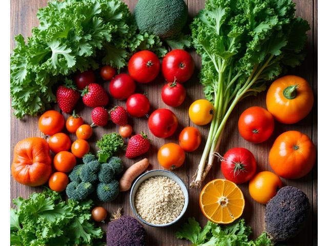 Vibrant, colorful array of fresh, organic vegetables and fruits laid out on a rustic wooden table.