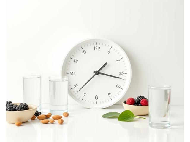 Modern minimalist clock face integrated with healthy eating elements on a clean table.