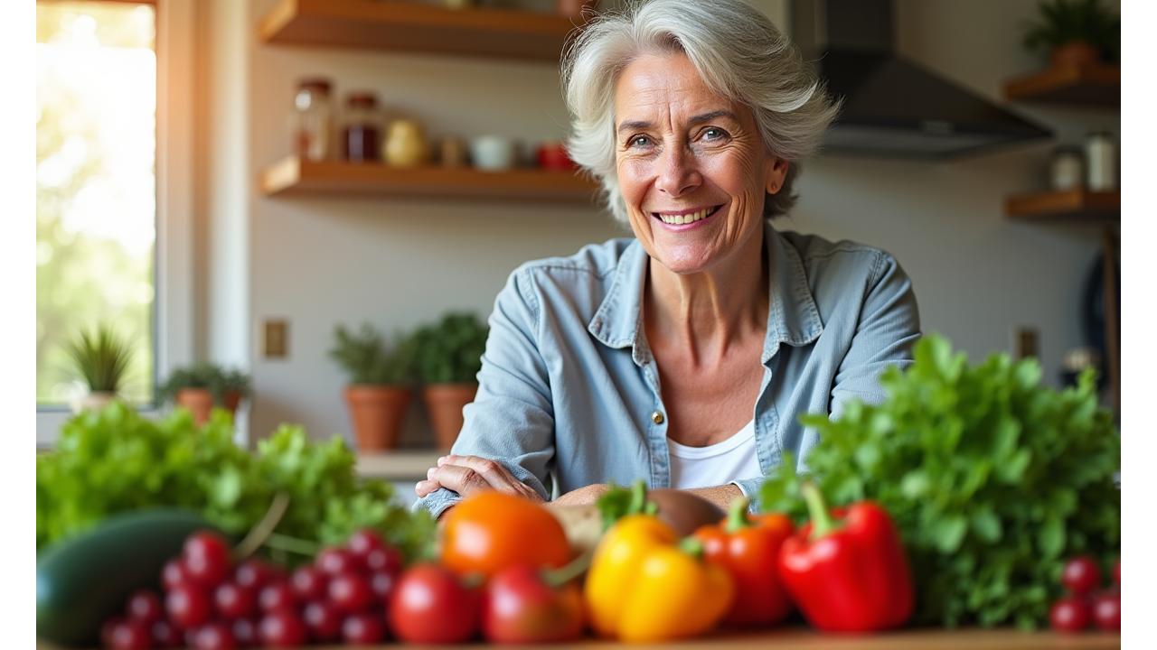 Woman in her 40s thoughtfully looking at fresh produce, embodying balanced wellness.