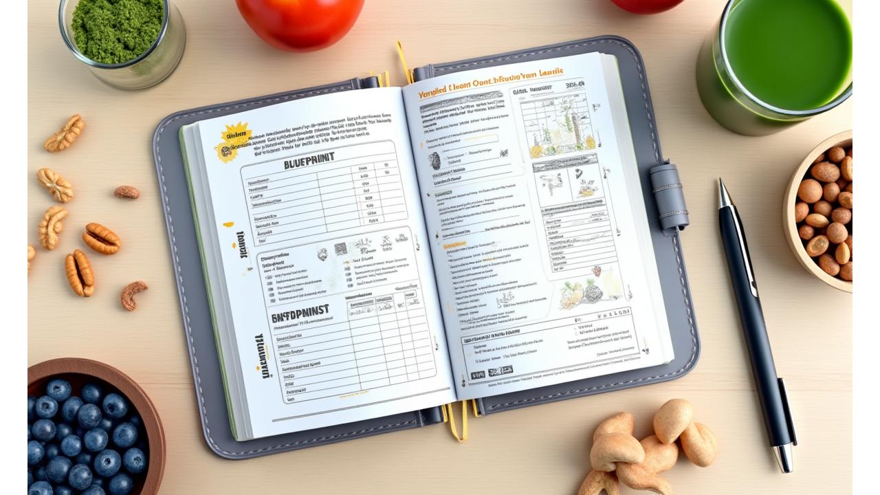 Detailed custom meal plan blueprint with healthy food illustrations and graphs on a tablet screen, surrounded by fresh ingredients.