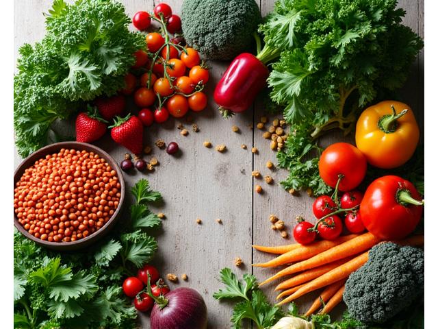 Abundant harvest of diverse, colorful plant-based foods, such as leafy greens, berries, nuts, and lentils, beautifully arranged.