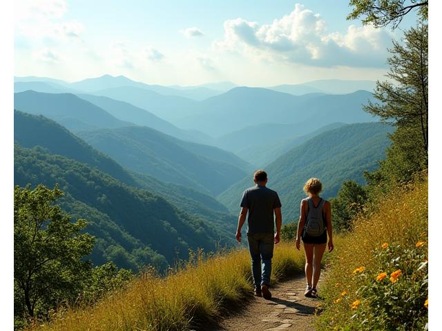 Scenic view of Asheville mountains with healthy individuals hiking