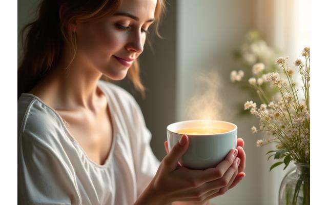 Woman enjoying herbal tea, symbolizing hormonal balance