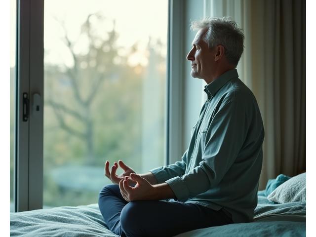 Person practicing mindful breathing in a serene setting, representing stress relief techniques