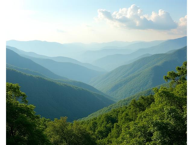 A serene view of the Blue Ridge Mountains near Asheville, North Carolina, with lush green forests and a clear sky.