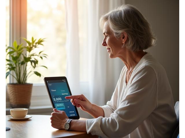 A woman using a tablet, tracking her daily habits and wellness goals on an app, with a serene home environment in the background.
