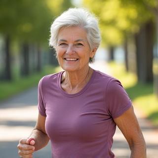 Portrait of Maria Rodriguez, a woman in her late 50s, looking happy and active.