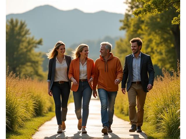 Diverse group of professionals walking and talking outdoors in a park setting in Asheville, North Carolina.