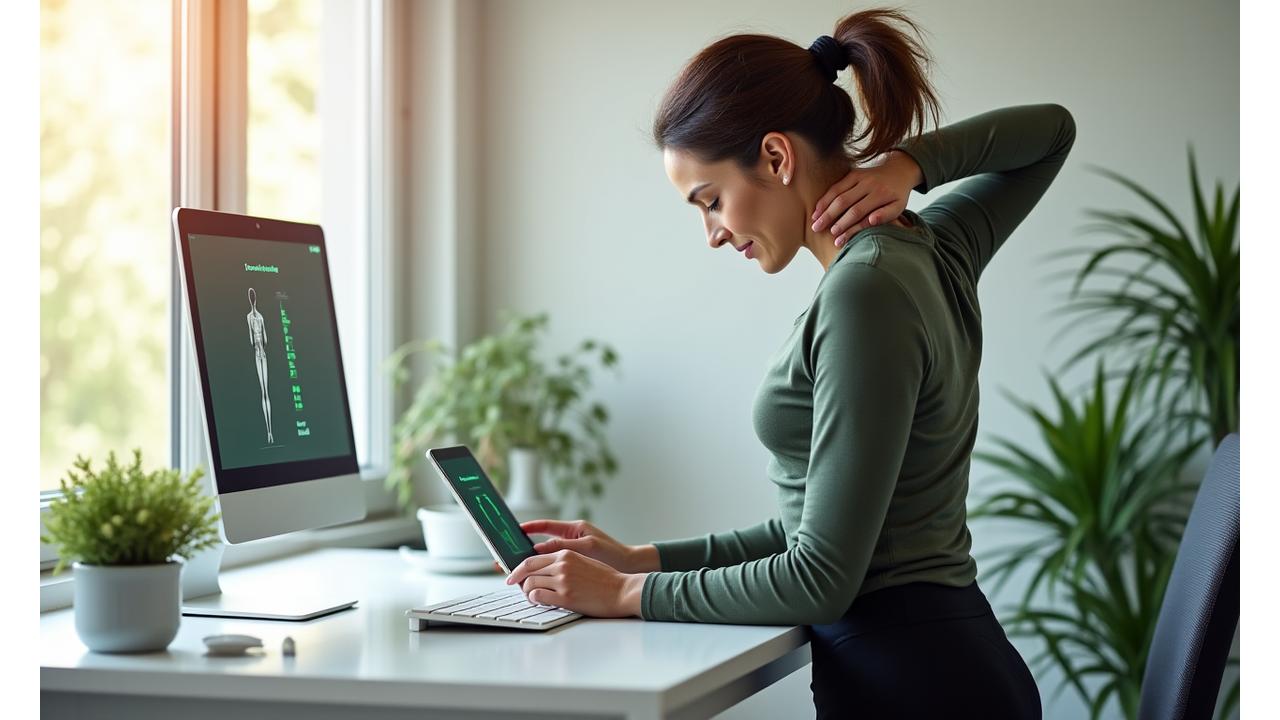 Woman performing a gentle mobility stretch at her standing desk while looking at a posture analysis app on a tablet.
