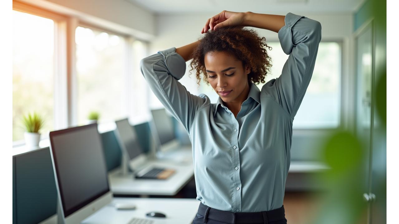 Person taking a micro-break to stretch at their office desk, illustrating hourly movement reminders.