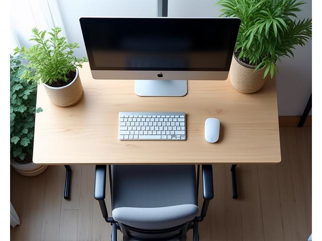 Clean, modern ergonomic desk setup with a standing desk, external monitor at eye height, ergonomic chair, and healthy plant.