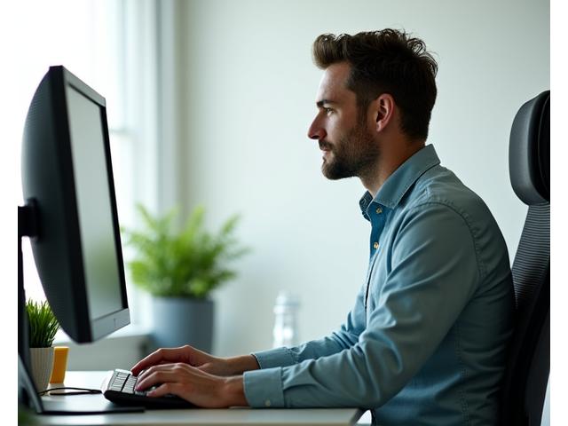Man demonstrating perfect ergonomic sitting posture at his desk, with good back support and monitor height.