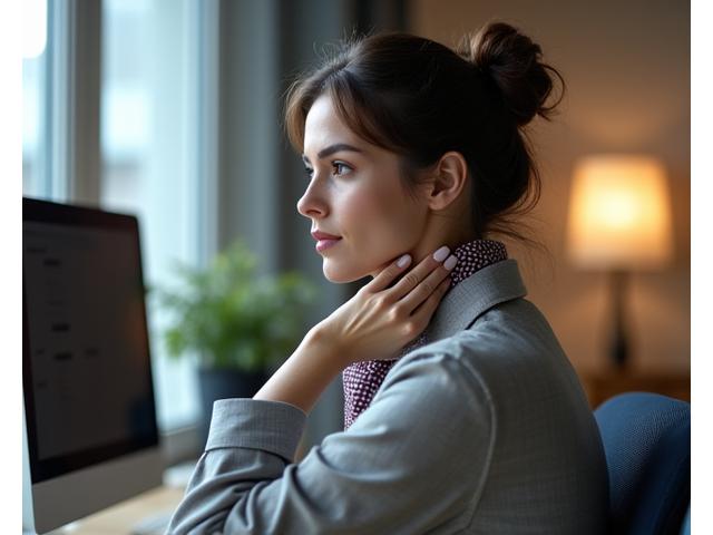 Professional woman performing a neck stretch at her computer desk, demonstrating a simple office exercise.