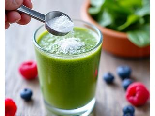 A scoop of collagen powder being added to a green smoothie in a glass, with fresh berries nearby.