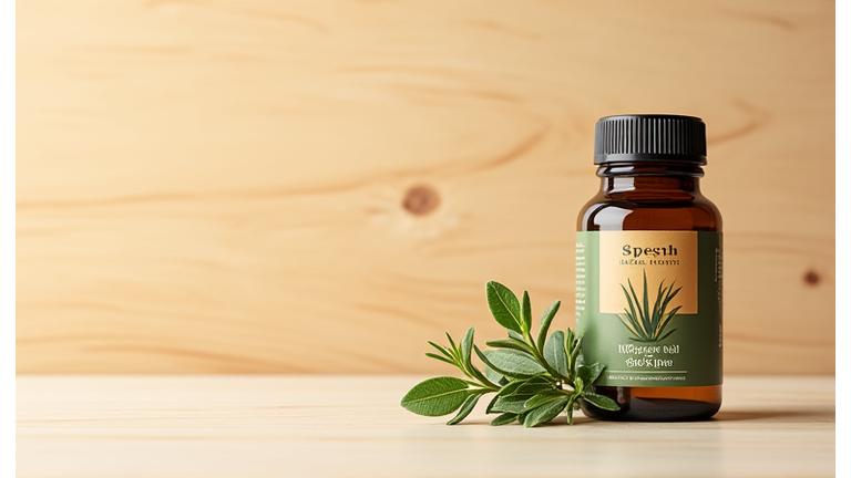 Featured organic herbal supplement bottle with detailed label, resting on a wooden surface next to fresh green herbs.