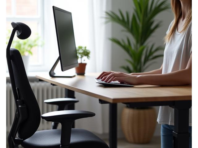 Ergonomic desk setup with a comfortable chair, adjustable desk, and good posture.