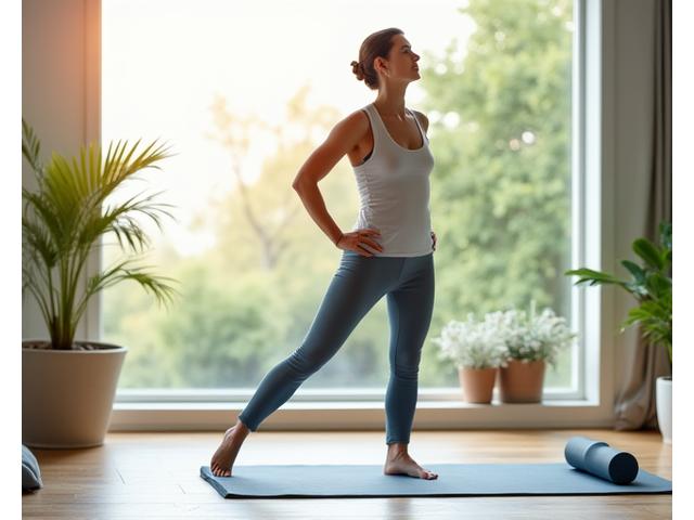 A person stretching gracefully in a bright, minimalist home gym setting.