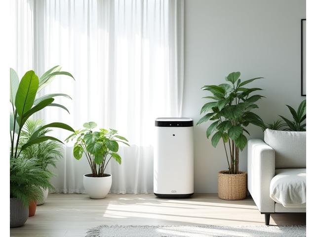 A modern, clean living room with a sleek air purifier, potted plants, and soft, natural light.