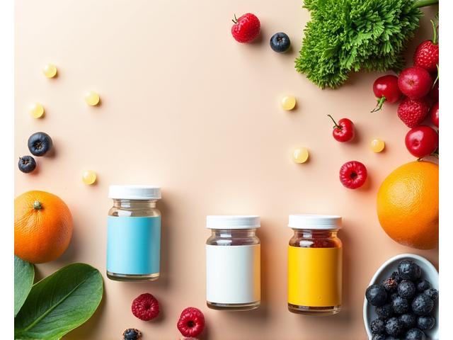 A collection of colorful supplement bottles, a blender, and fresh fruits representing nutrition.