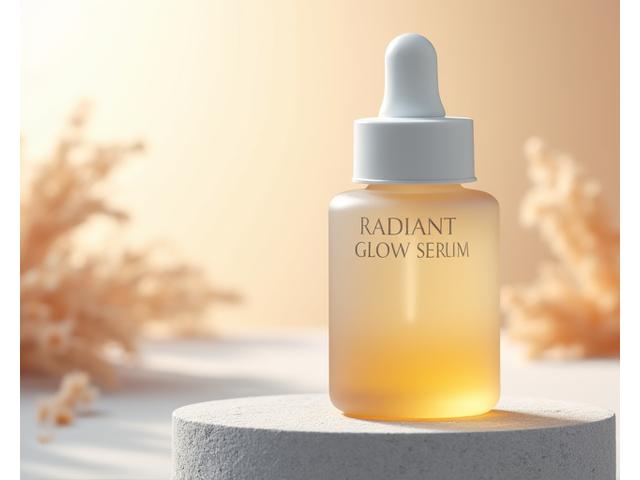 A sleek, minimalist bottle of 'Radiant Glow Serum' with natural light reflecting on it, placed on a smooth stone.