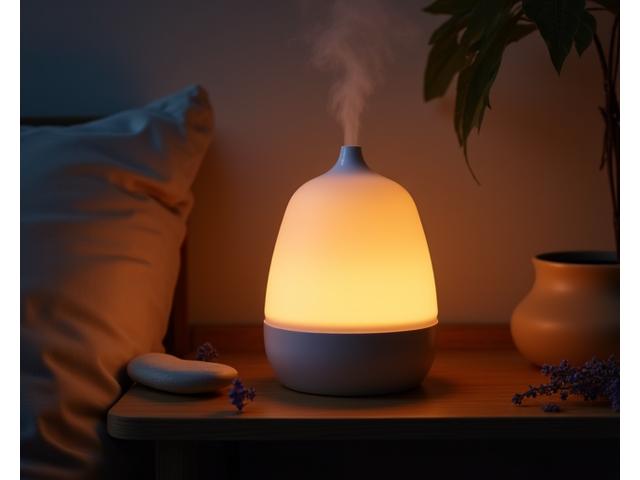 A beautifully designed air purifier with a calming night light function, nestled in a bedroom corner.