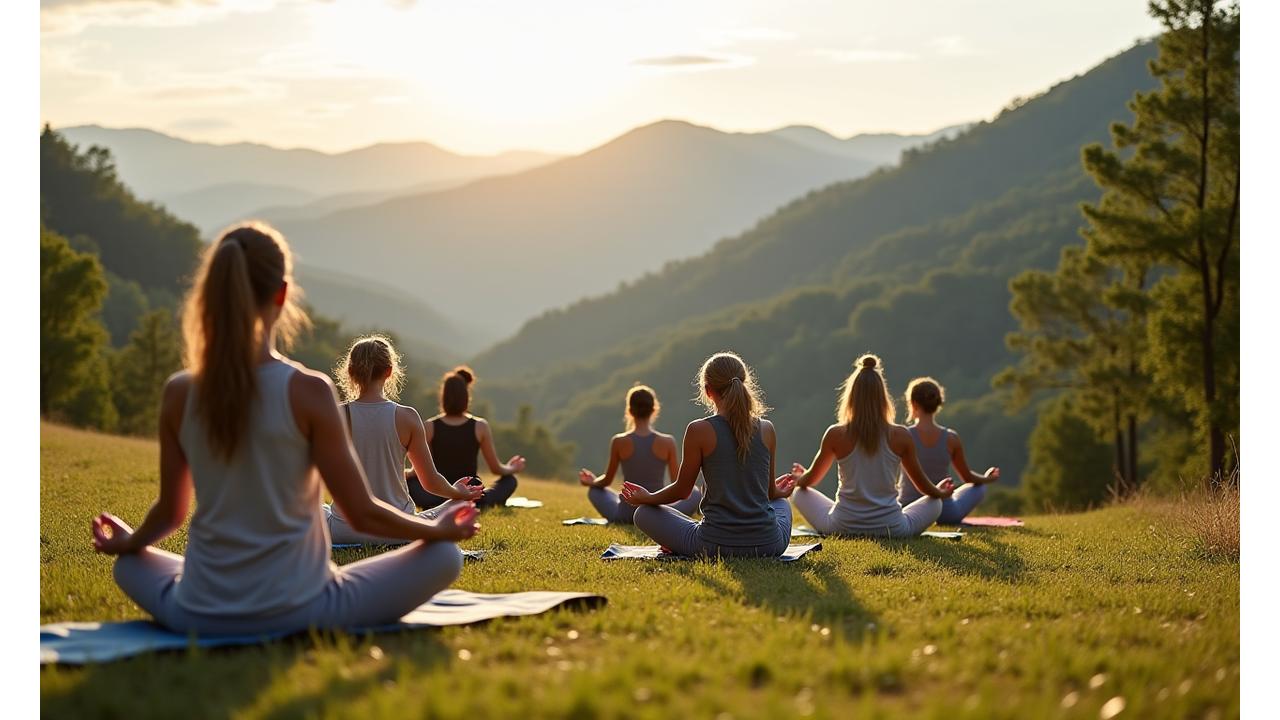 Diverse group of adults practicing outdoor yoga/meditation in a scenic Asheville park with mountains in the background, showing community connection.