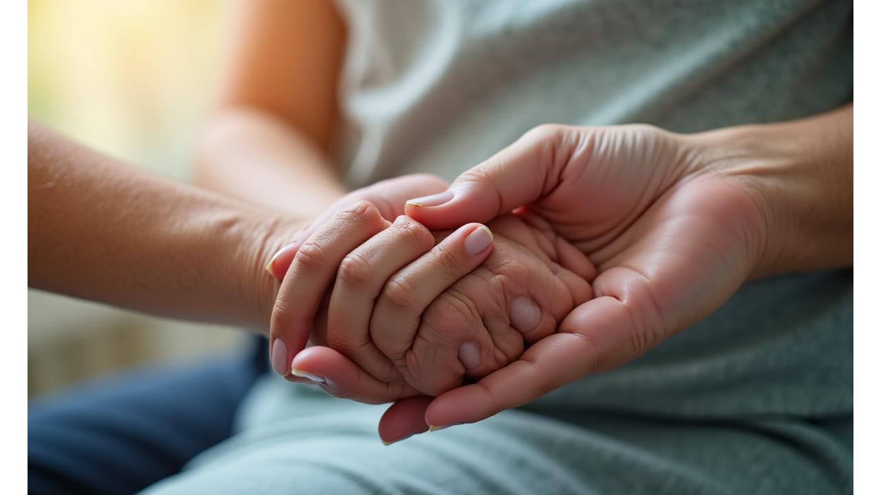 A caring hand holding another hand, conveying support and empathy for caregivers managing compassion fatigue.