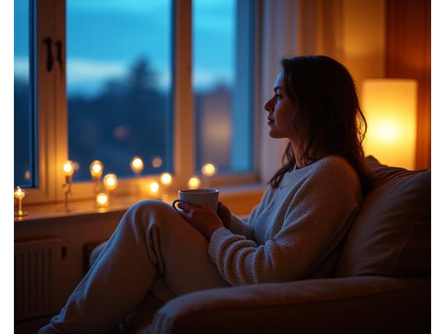 Person relaxing with a warm drink by a window at dusk, symbolizing evening mindfulness for unwinding.