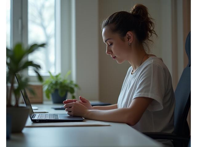 Person taking a short break with eyes closed at a work desk, representing micro-meditations for busy schedules.