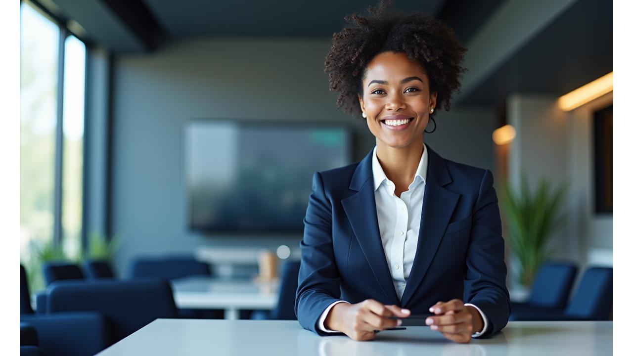 Professional looking calm and focused in a modern office environment, demonstrating effective workplace stress management.