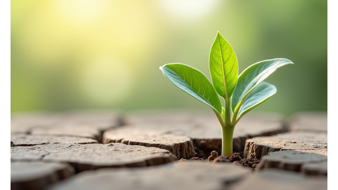 Plant growing strongly through cracked earth, symbolizing resilience and adaptability.