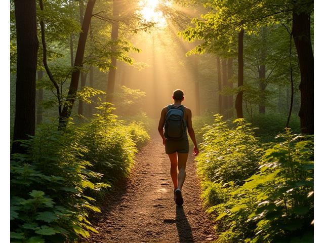 Person walking mindfully on a wooded trail in Asheville, demonstrating walking meditation.