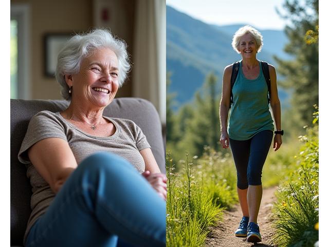 Side-by-side photos of Anne in her 50s; 'before' shows her looking tired, 'after' shows her vibrant, hiking in the Blue Ridge Mountains with a confident smile.