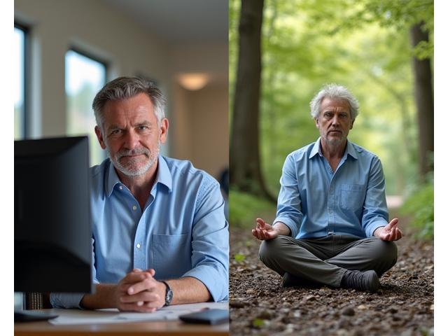 Side-by-side photos of Mark in his late 40s; 'before' shows him stressed at a desk, 'after' shows him calmly meditating outdoors with a peaceful expression.
