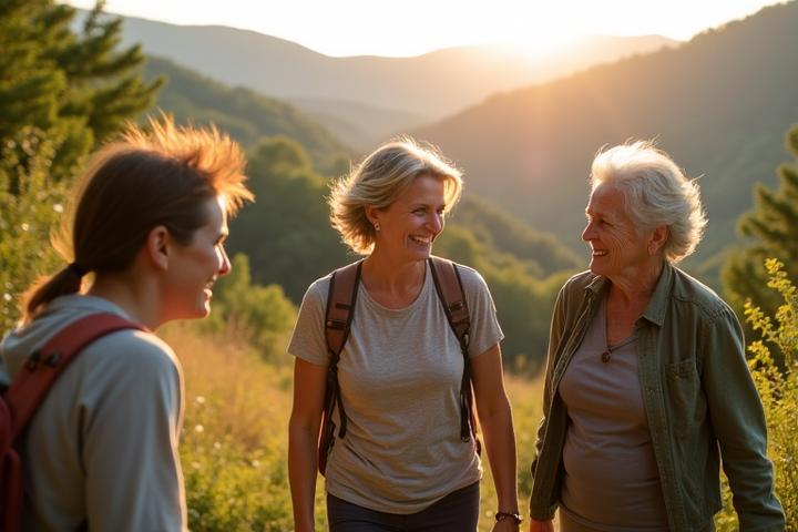 A diverse group of women over 40 enjoying a scenic nature walk together in Asheville's mountains, laughing and connecting, symbolizing community and shared wellness journeys.
