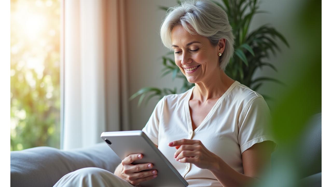 Woman over 40 gracefully engaging in a thoughtful wellness assessment on a tablet, surrounded by natural elements like soft light and green foliage, exuding calm and wisdom.