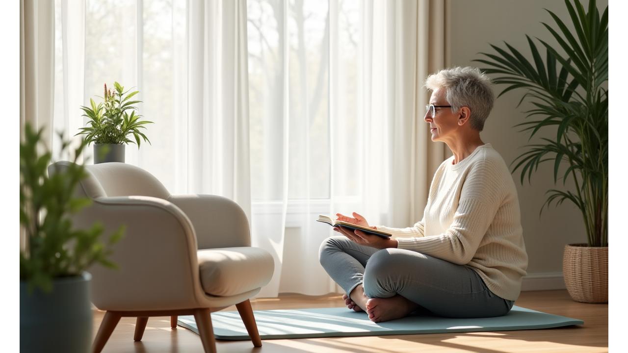 A woman over 40 enjoying a serene moment of self-care, perhaps meditating or journaling in a beautifully minimalist, sunlit space with a warm, inviting atmosphere, reflecting inner peace and calm.