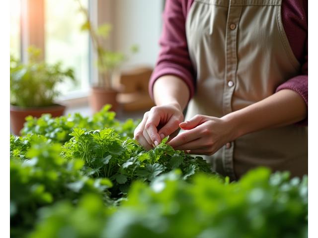 A serene woman gardening, her hands gently touching lush green herbs, symbolizing natural hormone support and holistic wellness.